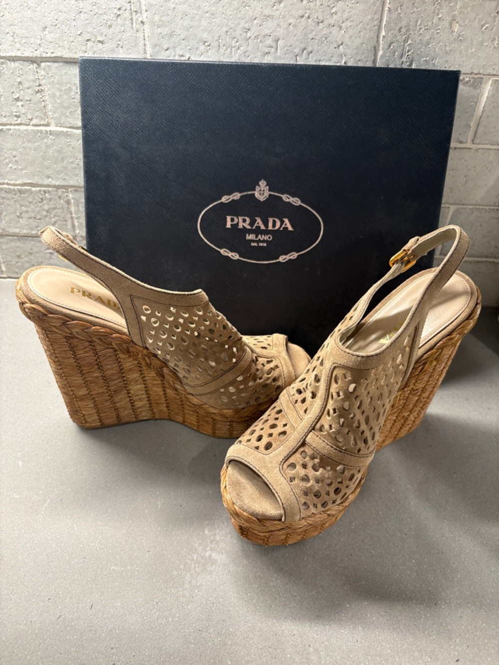 Prada Tan Suede Laser-Cut Wedge Sandals